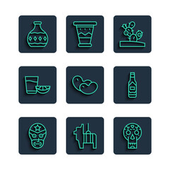 Sticker - Set line Mexican wrestler, Pinata, skull, Cactus, Beans, Tequila glass with lemon, bottle and Tabasco sauce icon. Vector