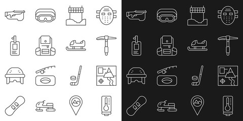 Poster - Set line Meteorology thermometer, Folded map, Ice axe, Ribbon in finishing line, Hiking backpack, Identification badge, Biathlon rifle and Sled icon. Vector