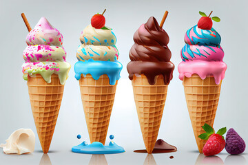 Wall Mural - Ice cream cones with fresh fruits on wooden board. Generative Ai