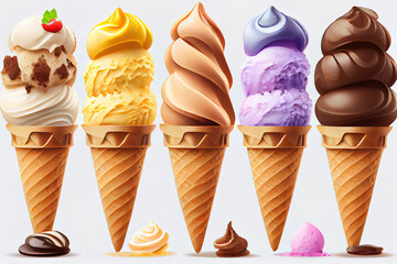 Wall Mural - Ice cream cones with fresh fruits on wooden board. Generative Ai