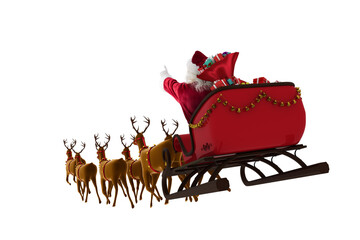 santa claus riding on sleigh with gift box