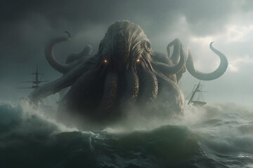 An illustration of 'The Call of Cthulhu'. The sea monster is destroying sailing ships. AI digital illustration