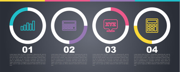 Sticker - Set line Graph, schedule, chart, diagram, Calculator, XYZ Coordinate system and . Business infographic template. Vector