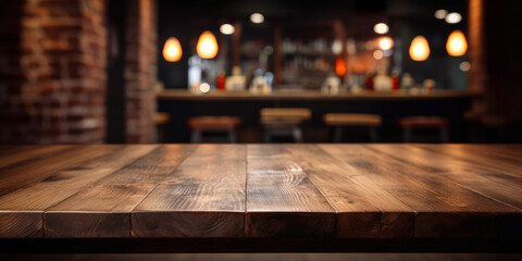 Wall Mural - An empty wooden counter table top for product display in a pub or bar. Generative ai