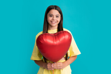 Poster - Happy teen girl hold red heart party balloon for valentines day, love symbol, be my valentine. Happy kids face, positive and smiling emotions.