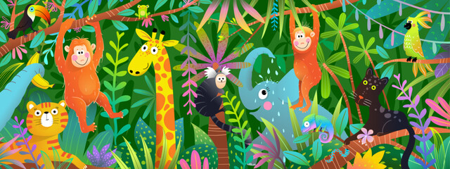 Wild Animals in Colorful African Jungle Horizontal Design for kids. Vibrant intricate collage illustration of African animals in vibrant rainforest. Vector surface design graphics for children.