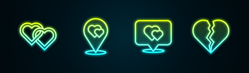 Sticker - Set line Two Linked Hearts, Location with heart, and Broken or divorce. Glowing neon icon. Vector