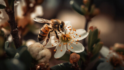 Poster - Working honey bee pollinating single flower outdoors generated by AI