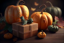 Autumn Pumpkins With Gift Boxes - Harvest And Thanksgiving Theme - 3D Render. Generative AI