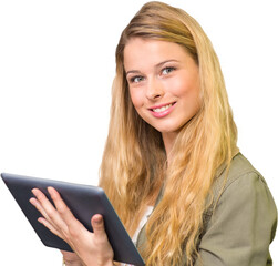 Wall Mural - Portrait of happy female student using digital tablet