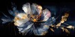 a wallpaper botanical flowers with one big flower for whole artwork flowing alcohol ink style bioluminescence navy blue background, white, gold, generative ai.