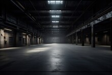 Three Dimensional Render Of Dark Empty Warehouse. AI Generated