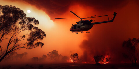 Wall Mural - Blazing Australian bushfire with rescue helicopter created with Generative AI