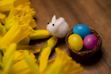  Happy Easter rabbit bunny, colorful eggs, narcissus composition, festive card