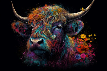 Highland cow in vibrant neon colors and flower petals isolated on black with a retro style,  Created using generative AI tools.