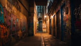Fototapeta Uliczki - Dark old architecture, dirty narrow street illuminated spooky lantern generated by AI