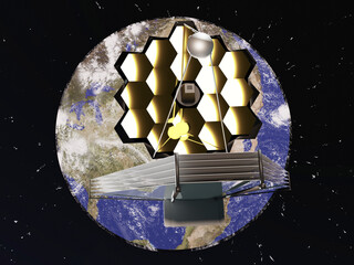 Wall Mural - james webb telescope in outer space near blue planet earth. 3d rendered illustration. elements of th