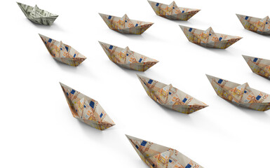 Sticker - Paper boats made of currency on white background