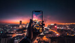 © Jeronimo Ramos - Hand holding smart phone photographs city skyline generated by AI