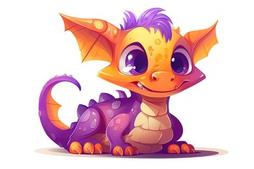 Wall Mural - Very cute purple orange baby dragon on isolated background. 3d illustration digital art.