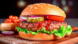 Fototapeta  - Delectable hamburger that is bursting with flavor. Burger made of beef and pork, with cheese, lettuce, tomato, and onions. Generative AI