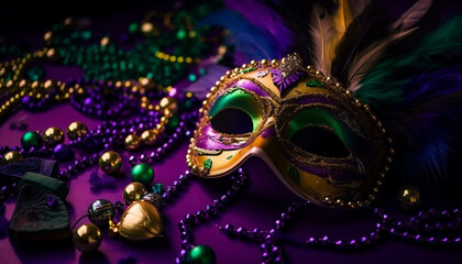 Poster - Masquerade mask, feather, bead Mardi Gras celebration generated by AI