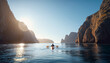 Men enjoying kayaking adventure on tranquil water generated by AI