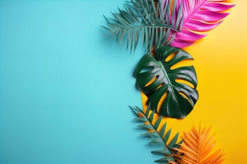 Wall Mural - Minimalistic summer background with colorful empty space and realistic tropical leaves for summer exotic style design.