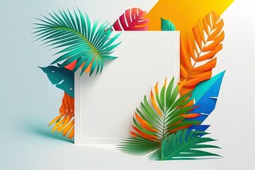 Wall Mural - Minimalistic summer background with colorful empty space and realistic tropical leaves for summer exotic style design.