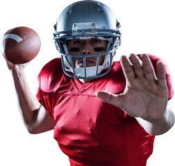 Canvas Print - Portrait of sportsman defending while holding American football