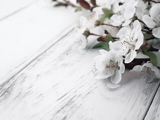 Wall Mural - White flowers on a wood table background, spring blooms, generative AI digital illustration