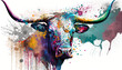 Pano Image of a cow male animal in a portrait sitting with paint splatter