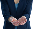 Mid section of businesswoman holding imaginary product while standing with hands cupped