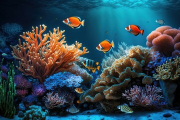 Wall Mural - Coral reef in the sea with fish. AI generated, human enhanced. Background with selective focus