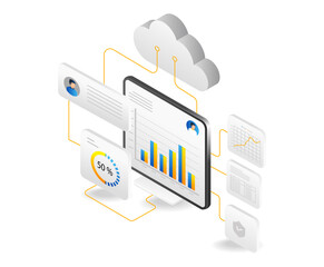 Aufkleber - Isometric flat design concept of cloud computing and data analysis. Vector illustration.