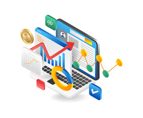 Flat 3d isometric design concept of online analytics data analysis financial reporteting research business strategy.