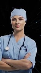 Canvas Print - Animation of caucasian female doctor over light spots on black background