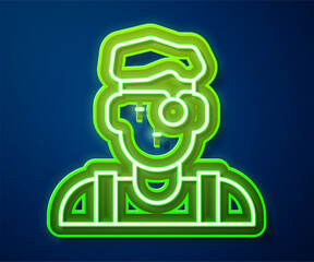 Sticker - Glowing neon line Jeweler man icon isolated on blue background. Vector