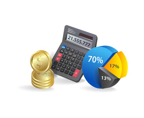 Aufkleber - Calculator, coins and pie chart on white background. Vector illustration.