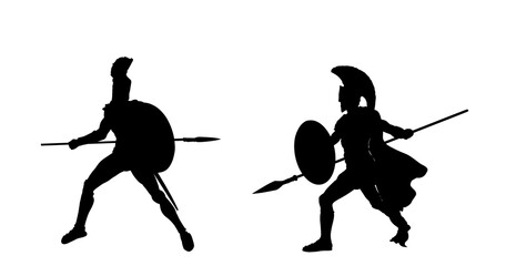 Greek hero ancient soldier in battle with spear and shield combat vector silhouette illustration isolated on white background. Roman legionary, brave warrior in war. Gladiator symbol shadow man shape.