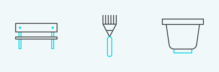 Poster - Set line Flower pot, Bench and Garden rake icon. Vector