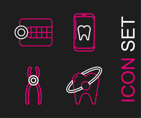 Sticker - Set line Tooth whitening concept, Dental pliers, Online dental care and Dentures model icon. Vector