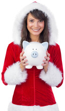 Smiling Brunette In Santa Claus Holding A Piggy Bank