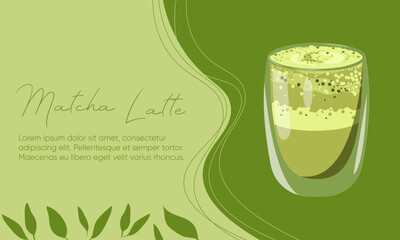 Japanese matcha latte, tea glass cup set on mibimalistic green background. Matcha Latte banner with leaves