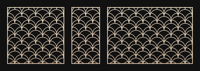 Laser cut pattern set. Vector design with elegant geometric ornament, abstract grid in art deco style. Template for CNC cutting, decorative panels of wood, metal, plastic. Aspect ratio 1:1, 1:2, 3:2