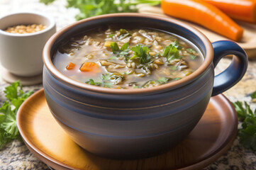 Roasted vegetable and lentil soup in a bowl