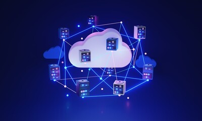 Cloud computing network for file upload and download 3D illustration concept. Information sharing system with digital online access. Database backup from encrypted and secured servers. Internet tech.