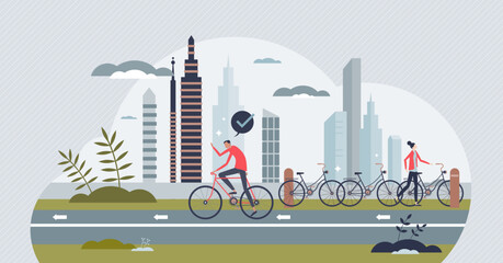 Bike infrastructure as green transportation with bicycle tiny person concept. Urban traffic solution with active and effective transport type vector illustration. Bicyclist outdoor activity on road.