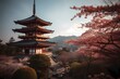 A pagoda with pink flowers with kiyomizu-dera in the background Generative AI