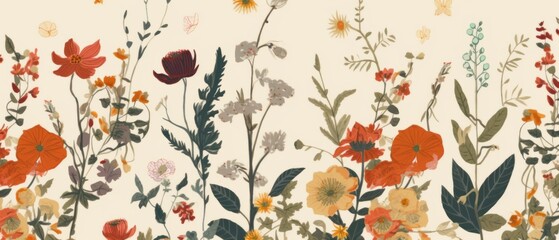 Wall Mural - Floral pattern, leaves and other natural elements. Generative AI